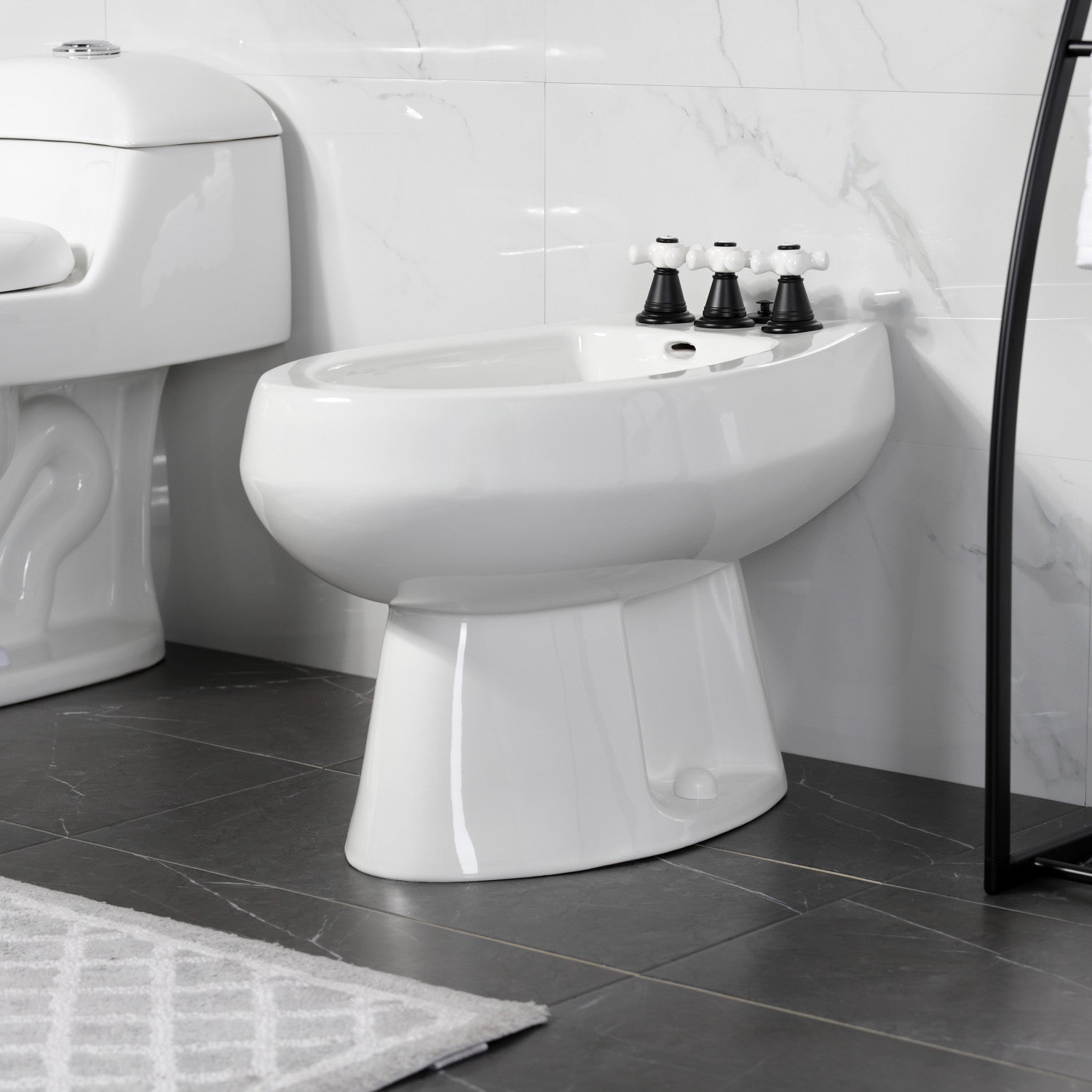 Kingston Heirloom KB320PX - Victorian Three-Handle Deck Mount Vertical Spray Bidet Faucet with Brass Pop-Up, Matte Black — thumbnail 2